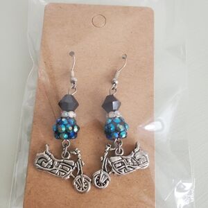 Silver Motorcycle Dangle Earrings with Blue Rhinestone Accents